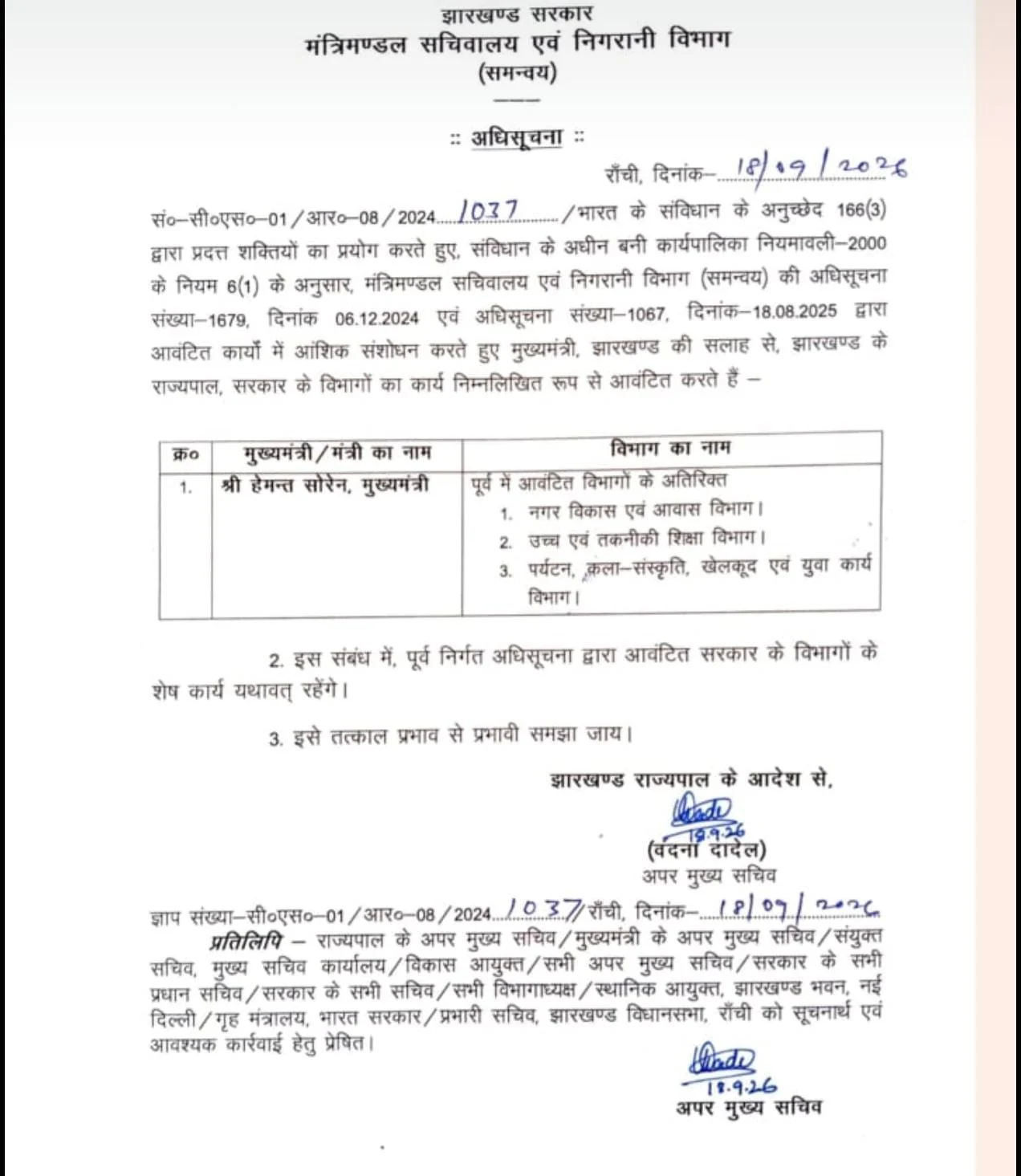 मंत्रालय के बंटवारे की अधिसूचना जारी कर दी गयी है।
